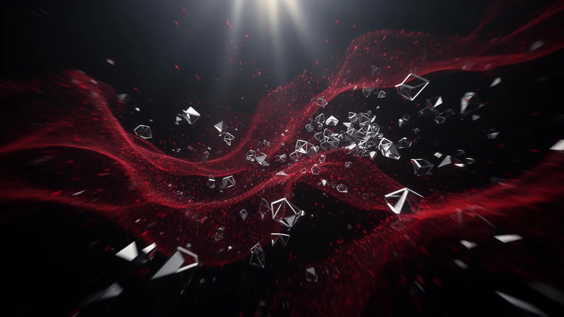 Cinematic abstract VFX render with crimson particles and silver geometric forms